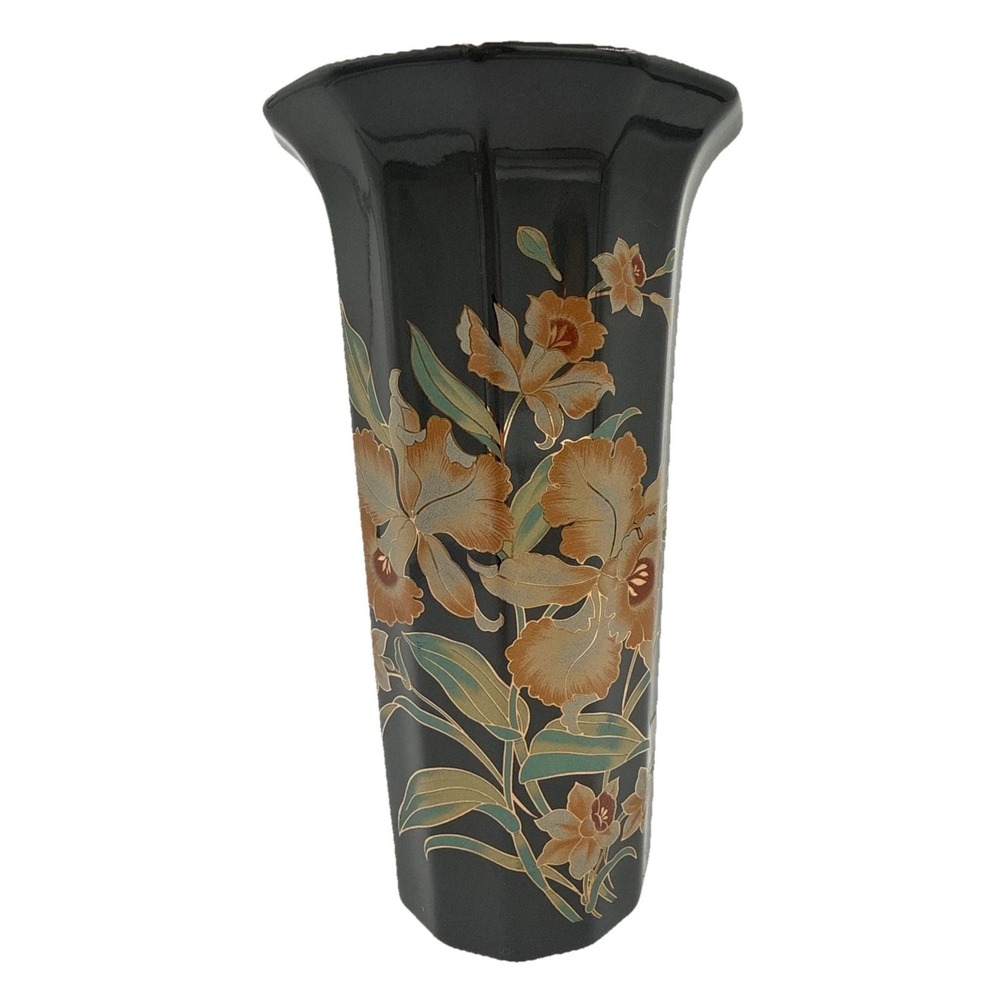 Vintage Japan Gray Floral Vase Gold Trim Kutani Style Hexagon Base 9"